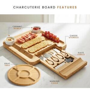 Bamboo Charcuterie Board Set with Knives, Dip Bowls & Fruit Tray